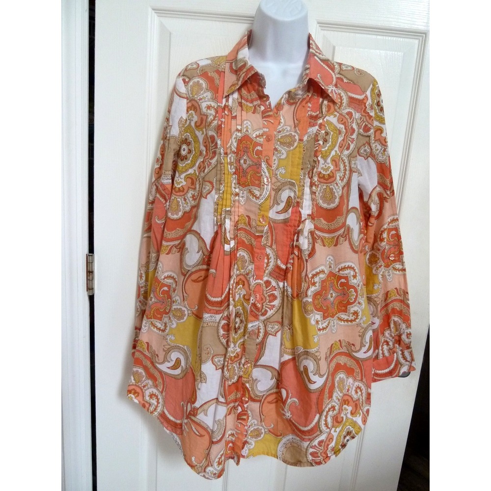 SUNNY LEIGH Sz Large Colorful Tunic Blouse Pin-Tucked Button Up Roll-Tab Sleeve